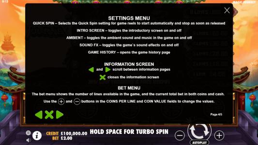 Magic Journey Slot Machine Game Rules Screen