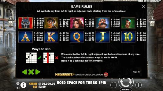 Curse of the Werewolf Megaways Slot Machine Paytable Screen