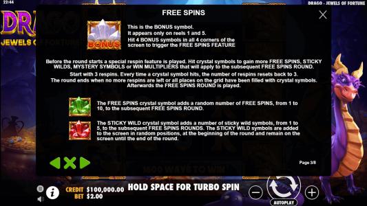 Drago Jewels of Fortune Slot Machine Free Spins Bonus Screen