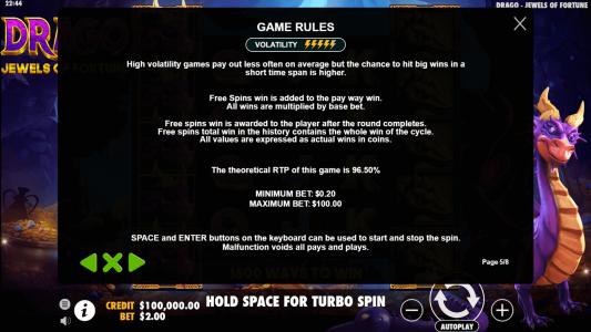 Drago Jewels of Fortune Slot Machine Game Rules Screen