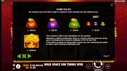 Tree of Riches Slot Machine Paytable Screen