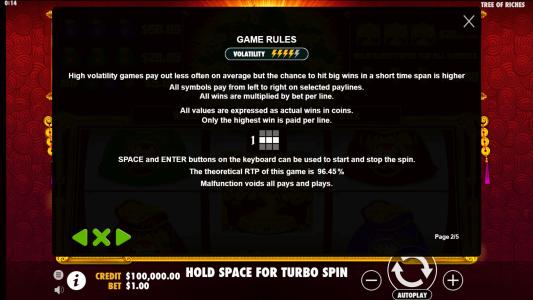 Tree of Riches Slot Machine Game Rules Screen