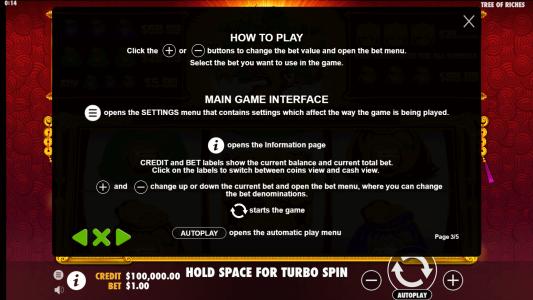 Tree of Riches Slot Machine Game Rules Screen