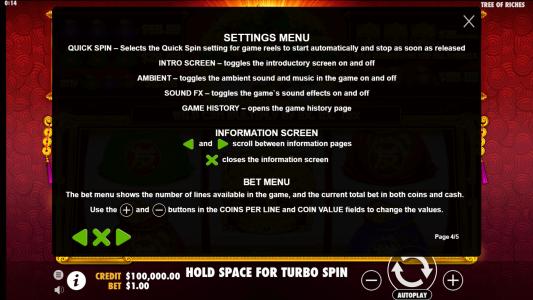 Tree of Riches Slot Machine Game Rules Screen