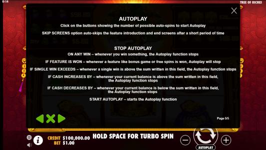 Tree of Riches Slot Machine Game Rules Screen