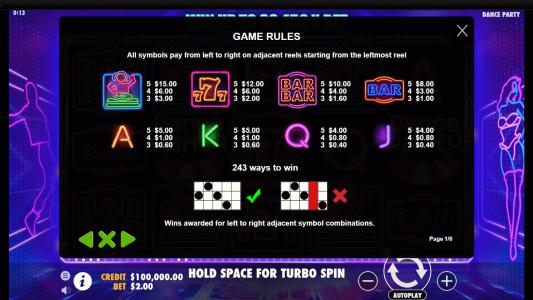 Dance Party Slot Machine Paytable Screen