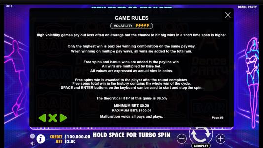 Dance Party Slot Machine Game Rules Screen