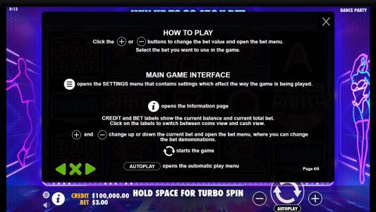 Dance Party Slot Machine How to Play Screen