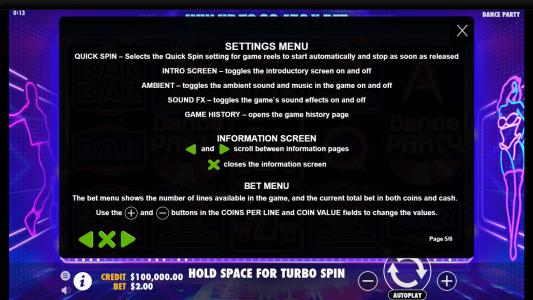 Dance Party Slot Machine Game Rules Screen