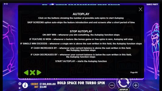 Dance Party Slot Machine Game Rules Screen