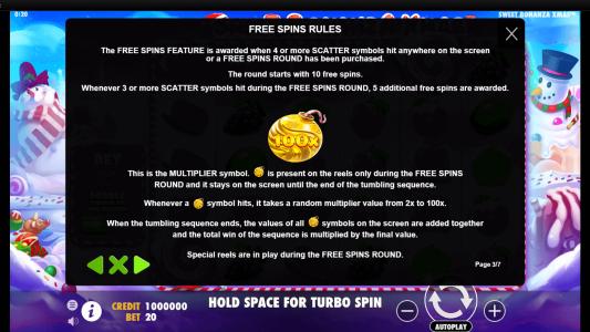 Sweet Bonanza Xmas Slot Machine Free Spins Rules Screen