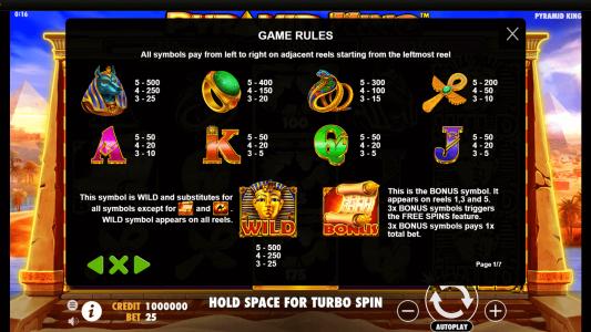Pyramid King Slot Machine Paytable Screen