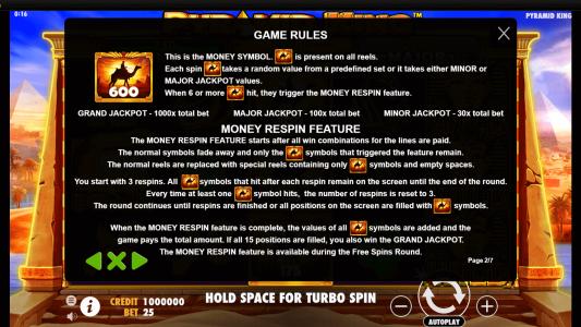 Pyramid King Slot Machine Game Rules Screen