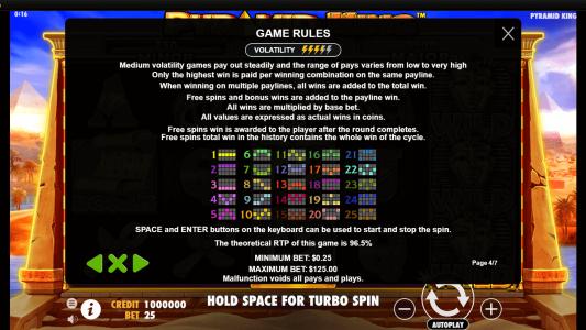 Pyramid King Slot Machine Paylines Screen