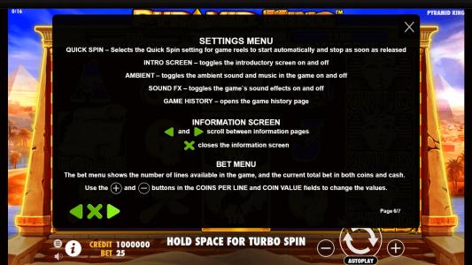 Pyramid King Slot Machine Game Rules Screen