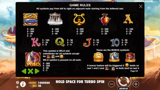 Hercules and Pegasus Slot Machine Paytable Screen