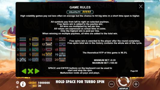 Hercules and Pegasus Slot Machine Game Rules Screen