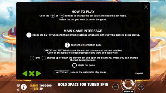 Hercules and Pegasus Slot Machine Game Rules Screen