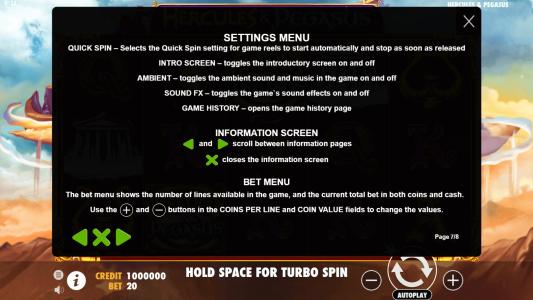 Hercules and Pegasus Slot Machine Game Rules Screen