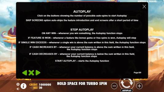 Hercules and Pegasus Slot Machine Game Rules Screen