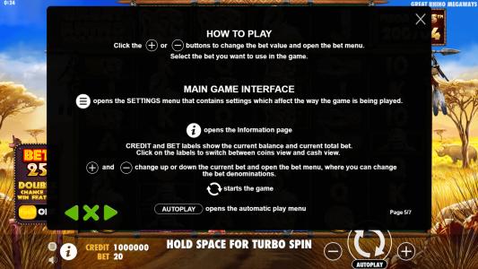 Great Rhino Megaways Slot Machine Game Rules Screen