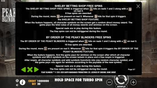 Peaky Blinders Slot Machine Game Rules Screen