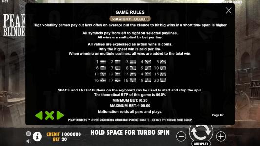 Peaky Blinders Slot Machine Game Rules Screen