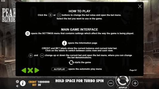 Peaky Blinders Slot Machine Game Rules Screen