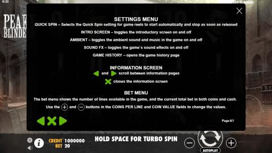 Peaky Blinders Slot Machine Game Rules Screen