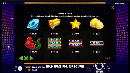 Super Joker Slot Machine Paytable and Paylines Screen