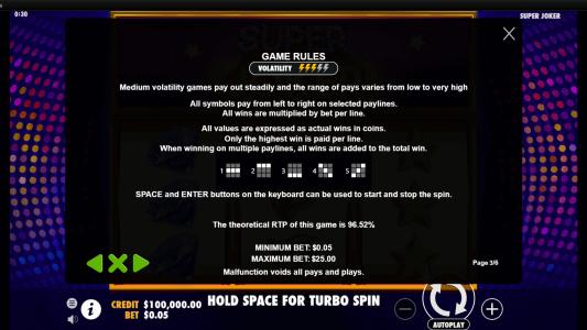 Super Joker Slot Machine Game Rules Screen