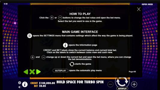 Super Joker Slot Machine Game Rules Screen