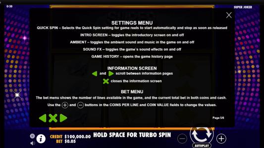 Super Joker Slot Machine Game Rules Screen