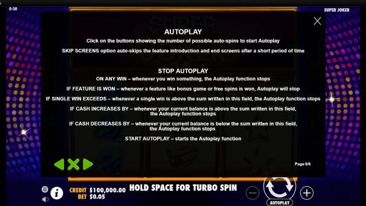 Super Joker Slot Machine Game Rules Screen