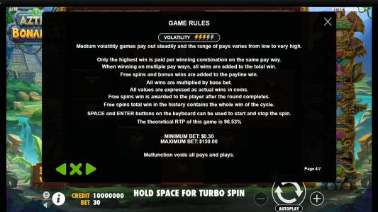 Aztec Bonanza Slot Machine Game Rules Screen