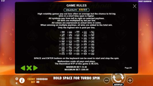 Fruit Rainbow Slot Machine Game Rules Screen