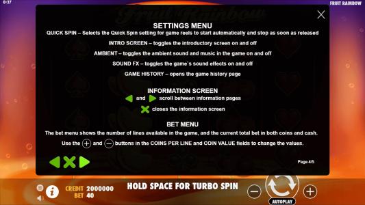 Fruit Rainbow Slot Machine Settings Menu Screen
