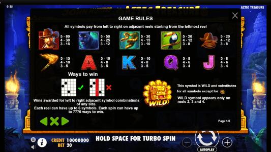 John Hunter and the Aztec Slot Machine Paytable Screen