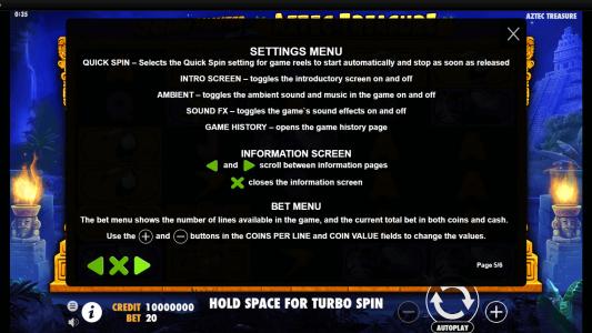John Hunter and the Aztec Treasure Slot Machine Settings Menu Screen