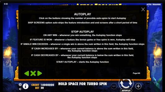John Hunter and the Aztec Treasure Slot Machine Settings Menu Screen