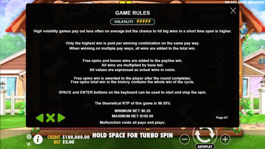 The Dog House Megaways Slot Machine Game Rules Screen
