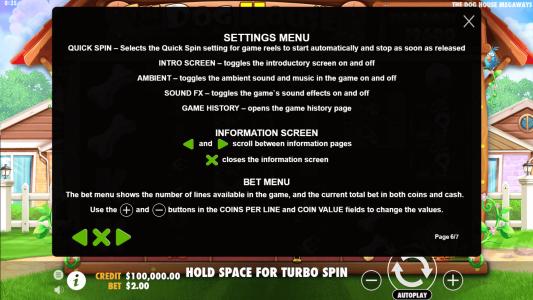 The Dog House Megaways Slot Machine Game Rules Screen