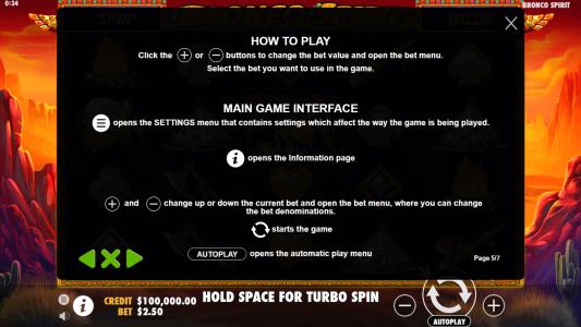 Bronco Spirit Slot Machine How to Play Screen