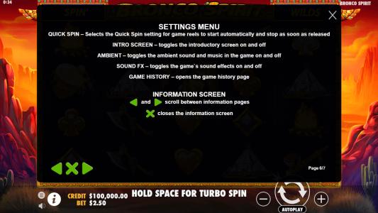 Bronco Spirit Slot Machine Game Rules Screen