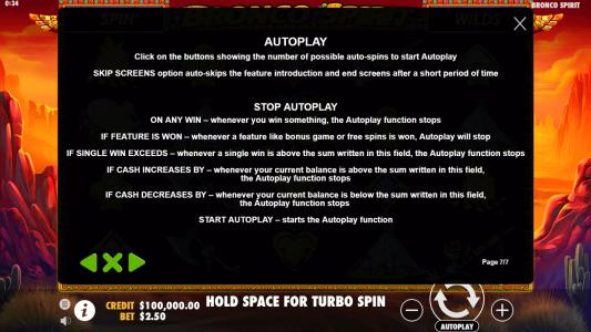 Bronco Spirit Slot Machine Game Rules Screen