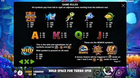 Release the Kraken Slot Machine Paytable Screen