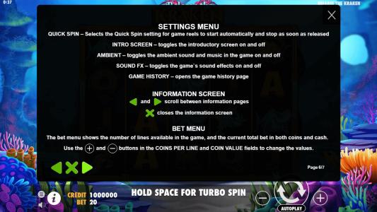 Release the Kraken Slot Machine Game Rules Screen