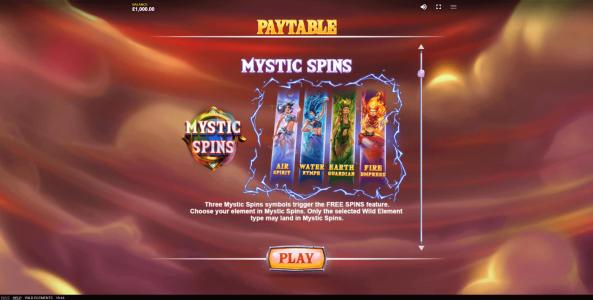 Wild Elements Slot Machine Paytable Screen