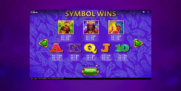 Lucky Carnival Slot Machine Paytable Screen