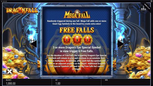 Dragon Fall Slot Machine Mega Fall and Free Falls Feature Screen